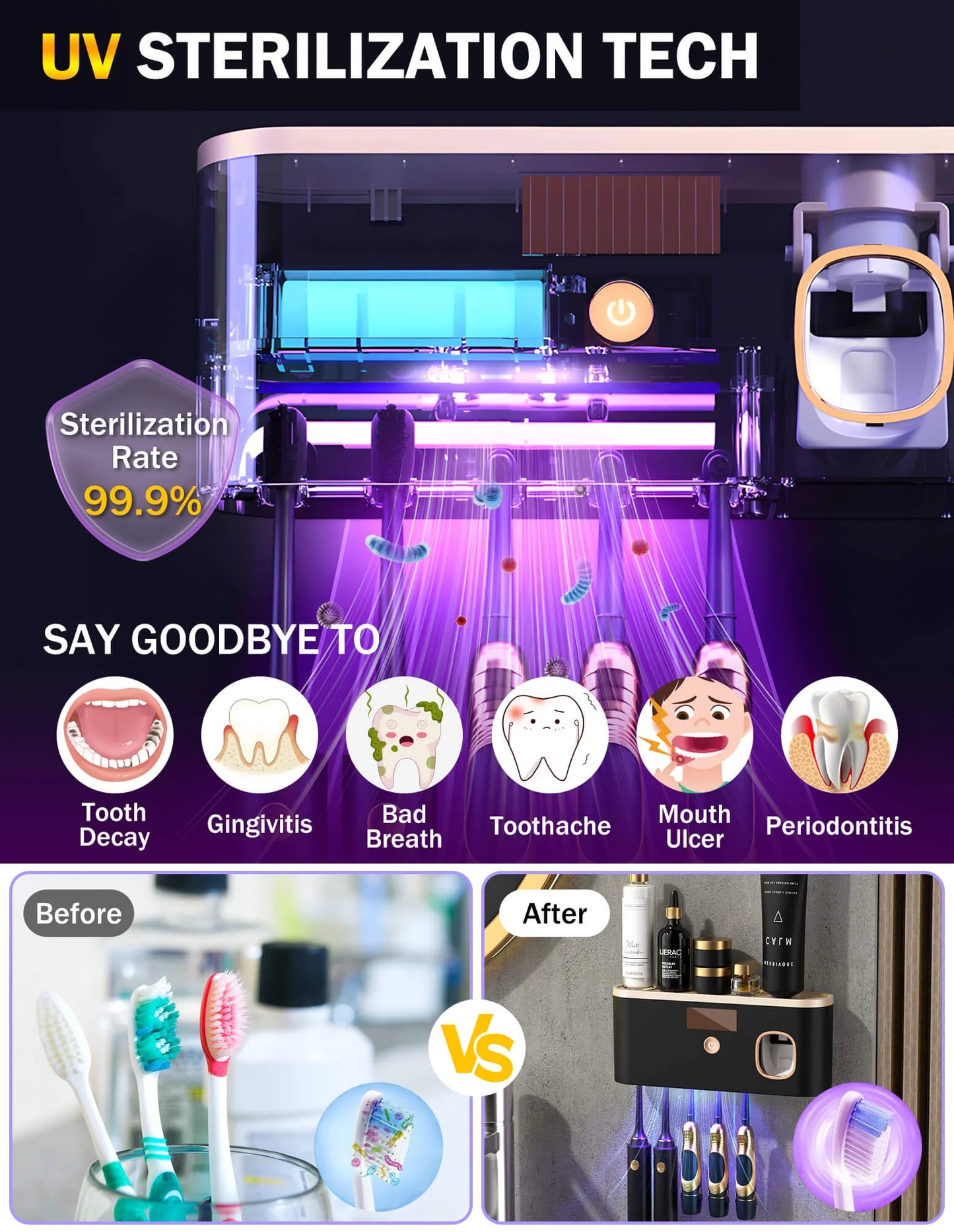 Toothbrush Holders for Bathrooms, UV Toothbrush Sanitizer Wall Mounted with Toothpaste Dispenser, Large Capacity Tray, Tooth Brushing Holder & Bathroom Accessories