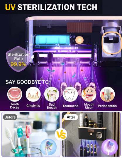 Toothbrush Holders for Bathrooms, UV Toothbrush Sanitizer Wall Mounted with Toothpaste Dispenser, Large Capacity Tray, Tooth Brushing Holder & Bathroom Accessories
