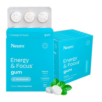 Neuro Energy Caffeine Gum/Mints for Energy & Focus - Sugar-Free with L Theanine, Caffeine, Vitamin B12 & Vitamin B6 - Peppermint Flavor