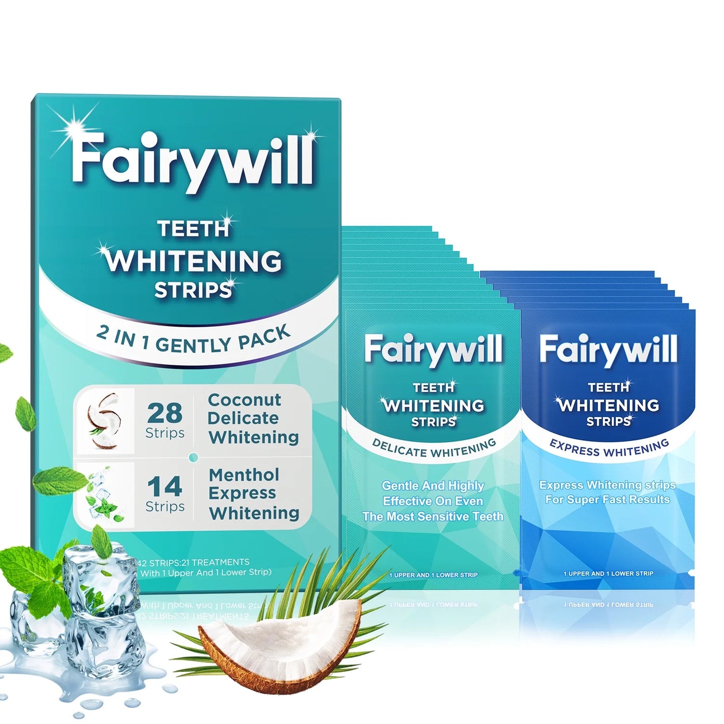 Teeth Whitening Strip Kits,28 Strips for Cocounut Delicate and 14 Menthol Express Whitenings, 42Pcs Strips Available 21Treatments,Effective Removes Stains, Non-Slip Whiter Gentle and Safe