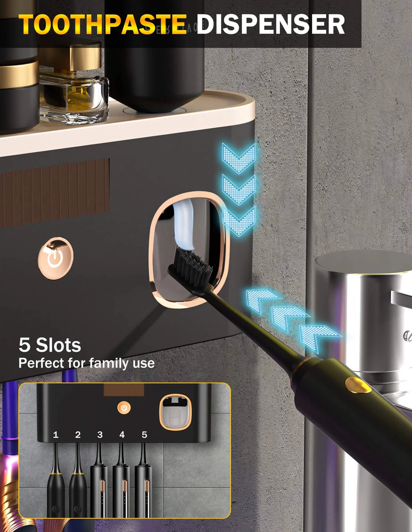 Toothbrush Holders for Bathrooms, UV Toothbrush Sanitizer Wall Mounted with Toothpaste Dispenser, Large Capacity Tray, Tooth Brushing Holder & Bathroom Accessories