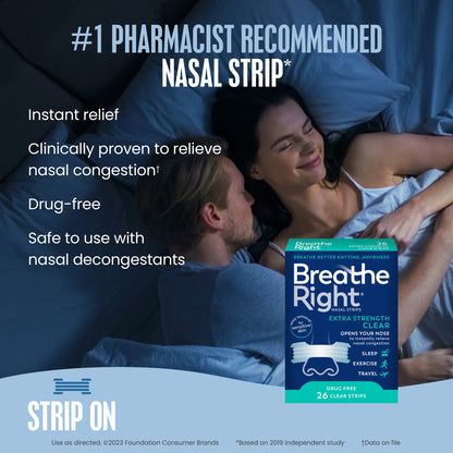 Breathe Right Extra Strength Nasal Strips, Clear, for Sensitive Skin, 26 Count